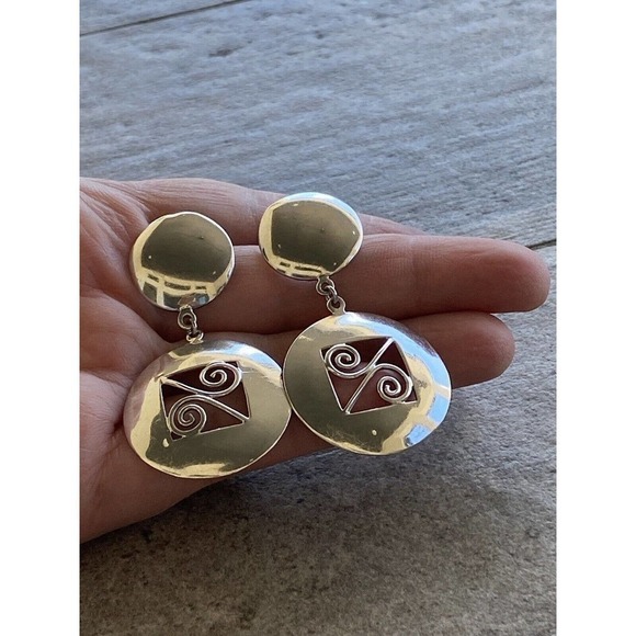 925 SU Sterling Silver Earrings Dangles Drops Vintage Circles Art Deco - Picture 4 of 10